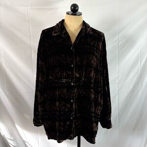 Vintage 90s velvet button up collared blouse top brown black whimsygoth XL XXL